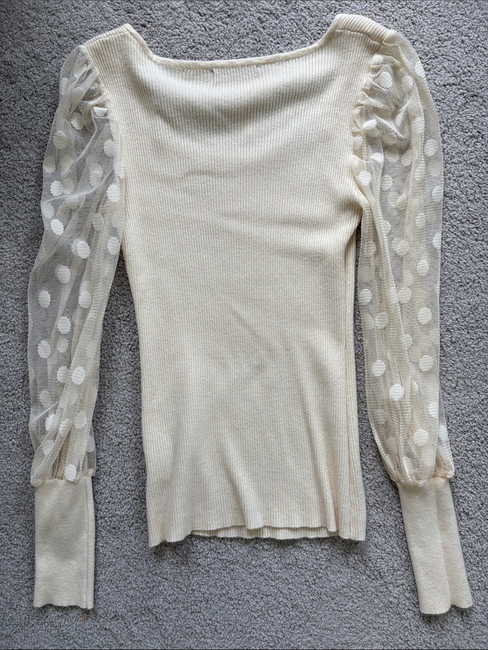 Vici Cream Square Neck Knit Top with Sheer Polka Dot Puff Sleeves - Picture 4 of 5